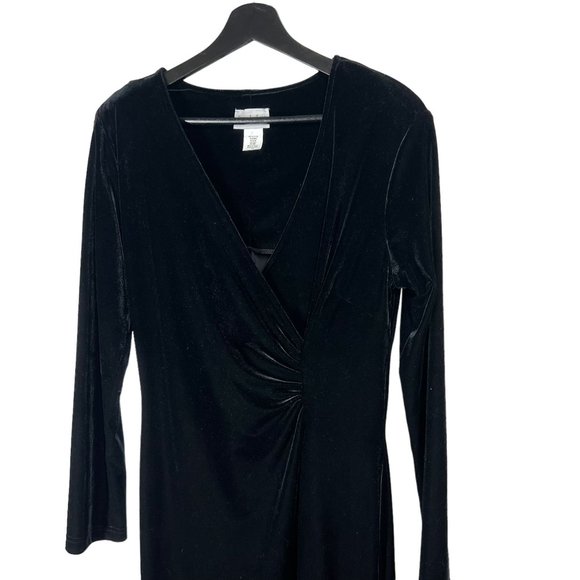 Vintage 90s Black Velvet Long Sleeve V Neck Full Length Dress Large - Picture 2 of 10